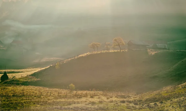 Horská krajina s podzimní ranní mlhy v sunrise - Fundatura Ponorului, Rumunsko — Stock fotografie
