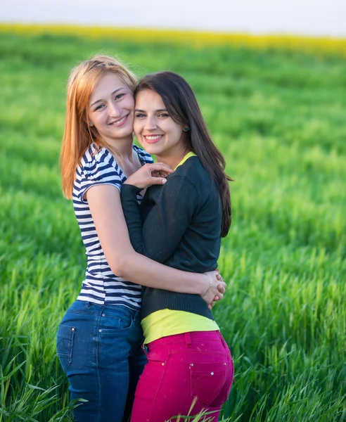 Дві молоді жінки розважаються на природі на заході сонця — стокове фото