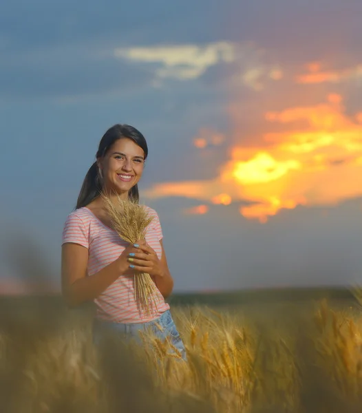 Dziewczyna czuje się wolny w pięknym otoczeniu przyrody w polu pszenicy o zachodzie słońca — Zdjęcie stockowe