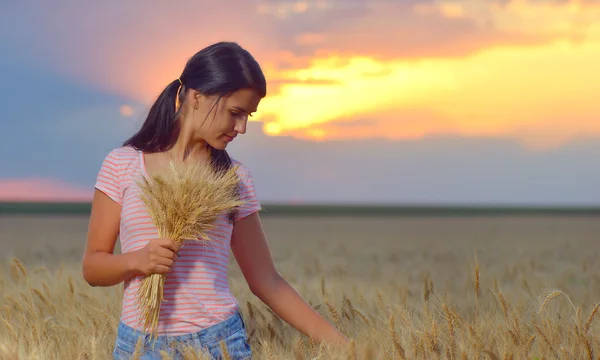 Dziewczyna czuje się wolny w pięknym otoczeniu przyrody w polu pszenicy o zachodzie słońca — Zdjęcie stockowe