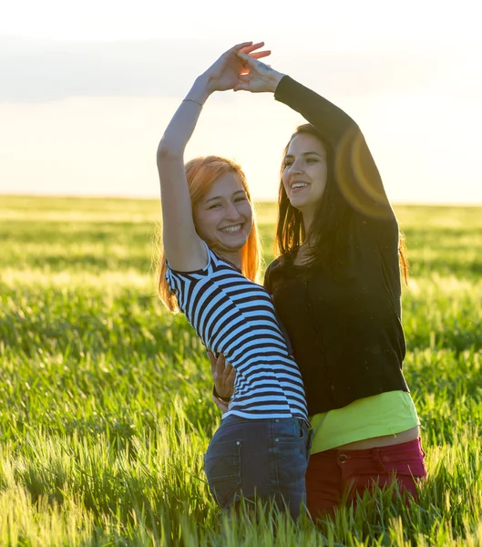 Due ragazze che si divertono nel campo di grano al tramonto — Foto Stock
