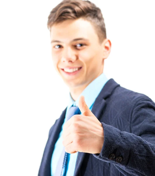 Szczęśliwy nastolatek sygnalizacji Ok z jego ręce na białym tle — Zdjęcie stockowe