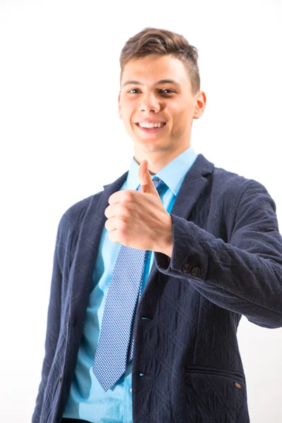 Feliz adolescente señalando OK con sus manos aisladas en blanco — Foto de Stock