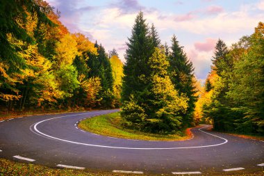Sonbahar mevsiminde dağlarda sürünerek giden bir yol.