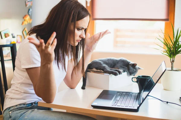 Jeune Femme Shirt Blanc Assis Avec Chat Sur Ses Genoux — Photo