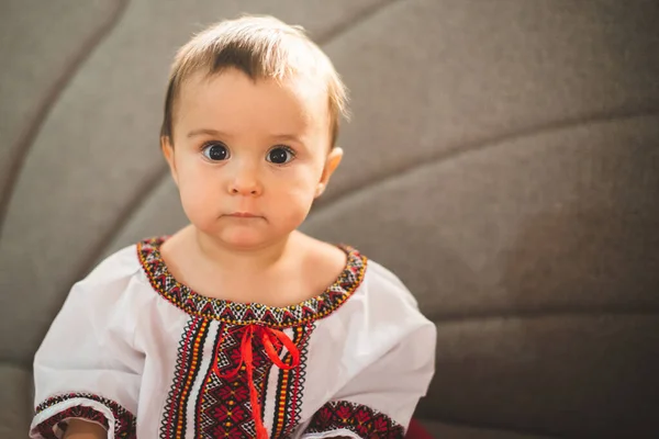Portrait Cute Infant Baby Girl Wearing Traditional Romanian Costume — Stock Photo, Image