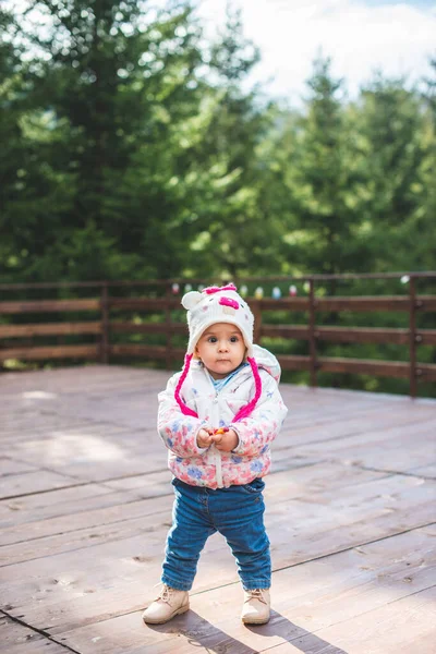 山の寒さの中で楽しい屋外を持っている小さな幼児の女の子の肖像画 — ストック写真