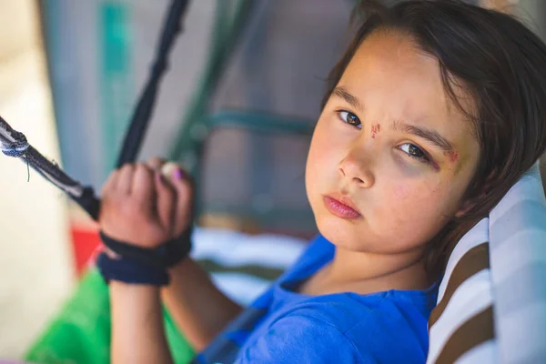 Niña Con Los Ojos Vendados Atada Concepto Abuso —  Fotos de Stock