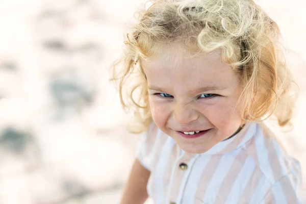 Handsome Boy Blue Eyes Curly Blond Hair — Stock Photo, Image