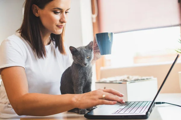 Jeune Femme Shirt Blanc Assis Avec Chat Sur Ses Genoux — Photo