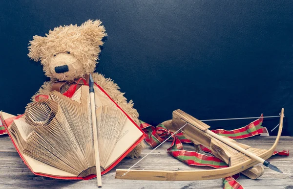 Vecchio orso con vecchio libro vintage e arco con freccia — Foto Stock