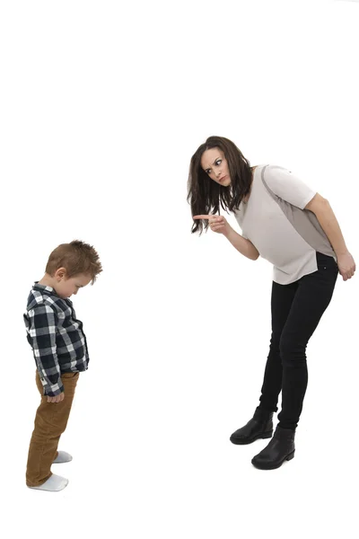 Young mother disciplining her young son isolated — Stock Photo, Image