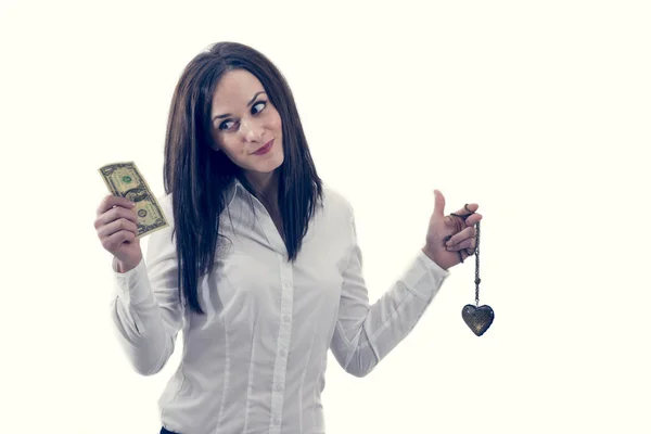 Woman choosing money not love, isolated on white — Stock Photo, Image
