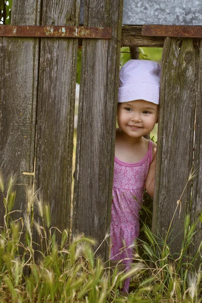 Malá holčička hraje peek boo mezerou v rozbité prkno v rustikální dřevěný plot — Stock fotografie