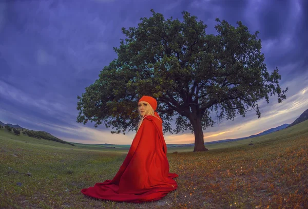 Beautiful blonde woman in old-fashioned dress and red cloak sitting under an oak — Stock Photo, Image