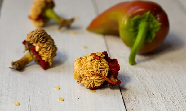 Paprika seeds and paprika isolated on wood background — Stock Photo, Image