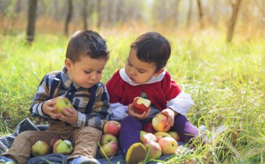two little kids eating apples in the park clipart