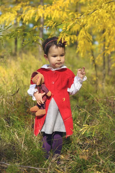Petite fille avec son lapin jouet à l'extérieur — Photo