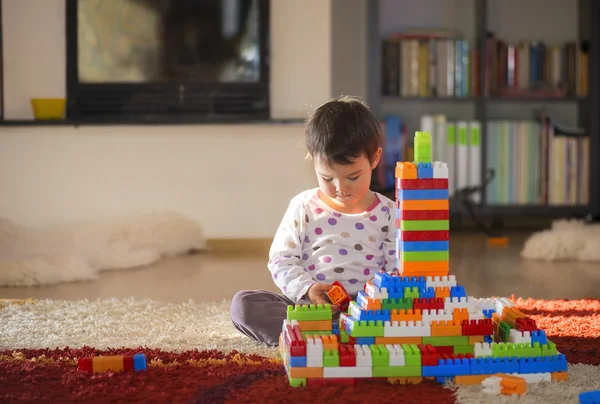 Brunette girl of preschool age playing with colorful blocks sitting on a floor — Stock Photo, Image