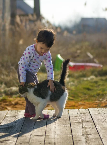 Petite fille et chat jouer à l'extérieur — Photo