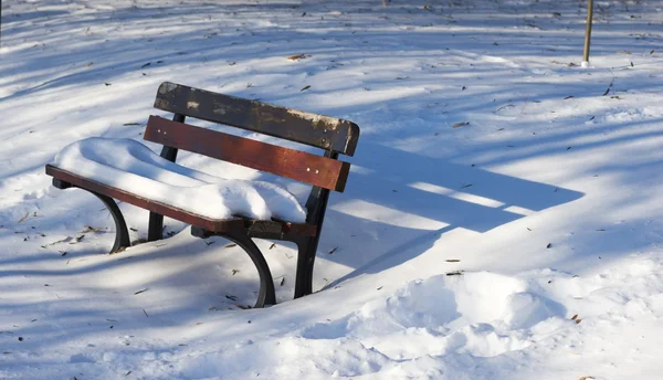 Banc unique recouvert de neige dans le parc d'hiver — Photo