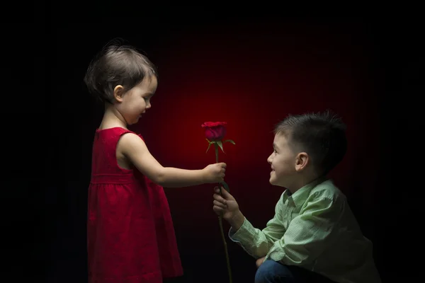 Kleiner Junge gibt einem kleinen Mädchen eine rote Rose — Stockfoto