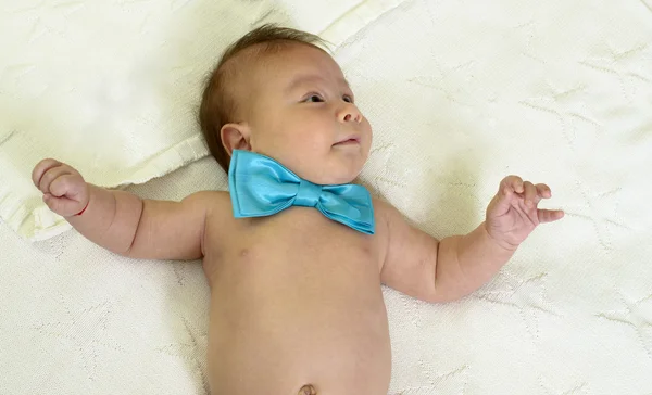 New born baby wearing a blue bowtie — Stock Photo, Image
