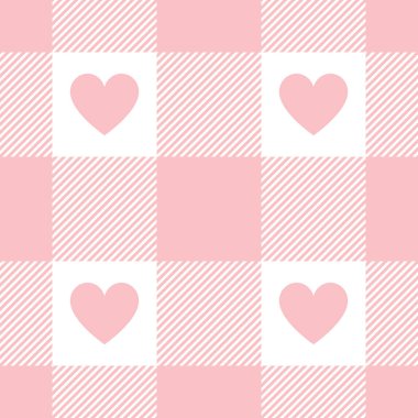 Pastel pembe ve beyaz renkte sevgililer günü için kalplerle bufalo desenlerini kontrol et. Flanel gömlek, etek, battaniye, masa örtüsü ya da diğer modern tatil tekstil baskıları için kusursuz ekose kumaş..