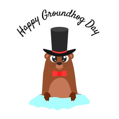 Köstebek Günün kutlu olsun. Yuvasından çıkan şapkalı bir dağ sıçanı. Vektör karikatür çizimi. Dağ sıçanı karakteri. Ayrı nesne.