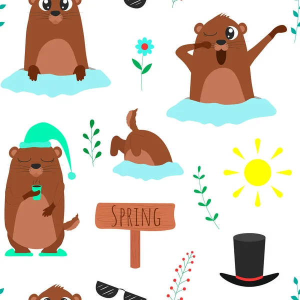 Naadloos Patroon Van Groundhog Dag Illustraties Vector Cartoon Achtergrond Vlakke — Stockvector