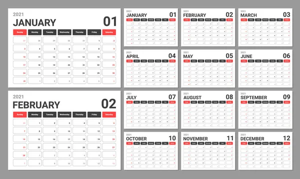 Mall För Kalender 2021 Kalenderark Minimalistisk Stil Veckan Börjar Söndag — Stock vektor