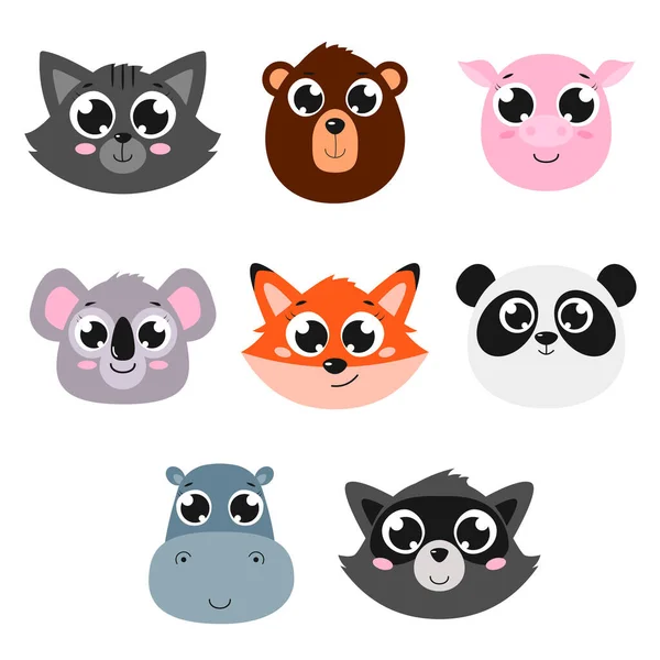 Set of cute animal faces. Vector cartoon illustrations. Isolated on white. — Stock Vector