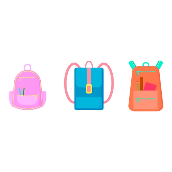 Mochilas escolares. Ilustraciones de dibujos animados vectoriales. Objetos aislados en blanco. — Vector de stock