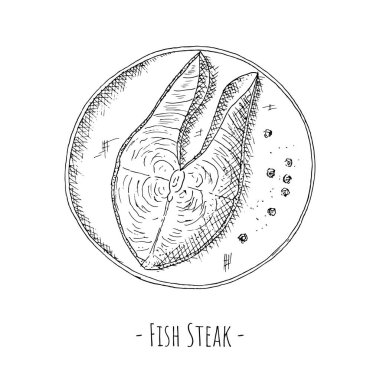 Tabakta balık bifteği. Üst Manzara. Vektör çizimi. Beyazda izole edilmiş. Elle çizilmiş biçim.