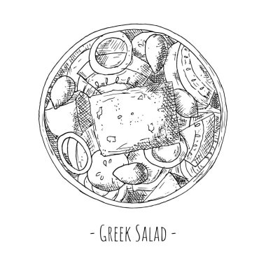 Yunan salatası. Üst Manzara. Vektör çizimi. Beyaz üzerine izole bir nesne. Elle çizilmiş biçim.