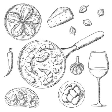 Akdeniz yemekleri. Vektör çizimleri. Ayrı nesneler beyaz üzerine.