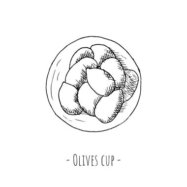 Zeytin tabağı. Vektör çizimi. Beyaz üzerine izole bir nesne. El çizimi..