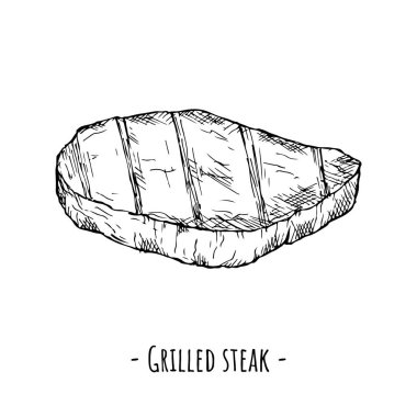 Izgara biftek. Vektör çizimi. Beyaz üzerine izole bir nesne. El çizimi..