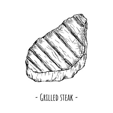Izgara biftek. Vektör çizimi. Beyaz üzerine izole bir nesne. El çizimi..