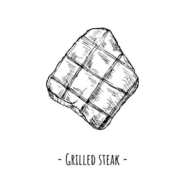 Izgara biftek. Vektör çizimi. Beyaz üzerine izole bir nesne. El çizimi..