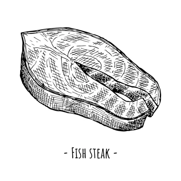 Steak ikan panggang. Vektor ilustrasi. Terisolasi di atas putih. Gambar tangan. - Stok Vektor