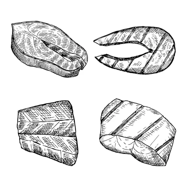 Grilované rybí steaky a filety. Vektorové ilustrace. Izolované objekty na bílém. — Stockový vektor