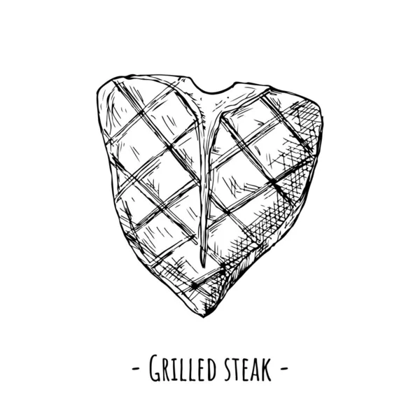 Izgara biftek. Vektör çizimi. Beyaz üzerine izole bir nesne. El çizimi..