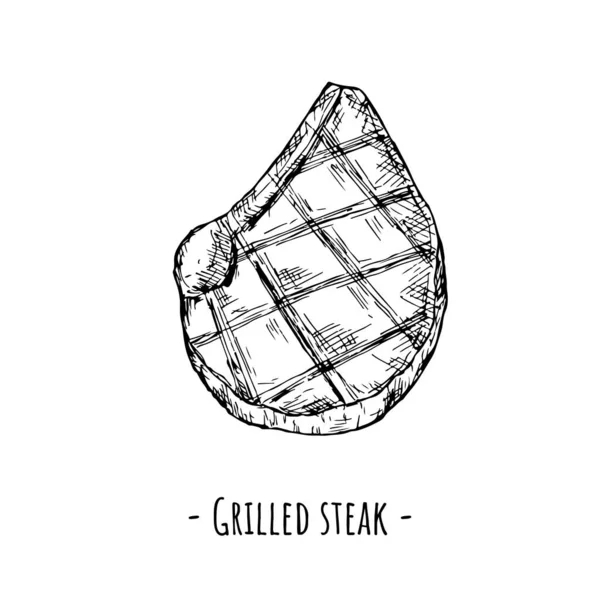 Izgara biftek. Vektör çizimi. Beyaz üzerine izole bir nesne. El çizimi..