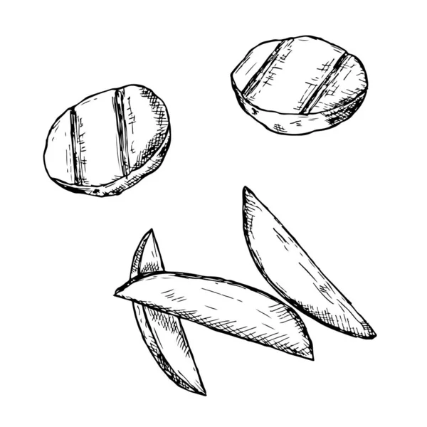 Κομμένες και ψητές πατάτες. Εικονογράφηση διανύσματος. Μεμονωμένα αντικείμενα σε λευκό. — Διανυσματικό Αρχείο