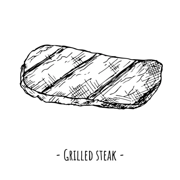 Steak panggang. Vektor ilustrasi. Benda yang terisolasi dengan warna putih. Gambar tangan. Stok Ilustrasi 
