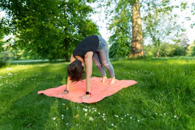 Londra Hyde Park 'ta bir yaz akşamı parkta yoga egzersizleri yapan çekici genç bir bayan.