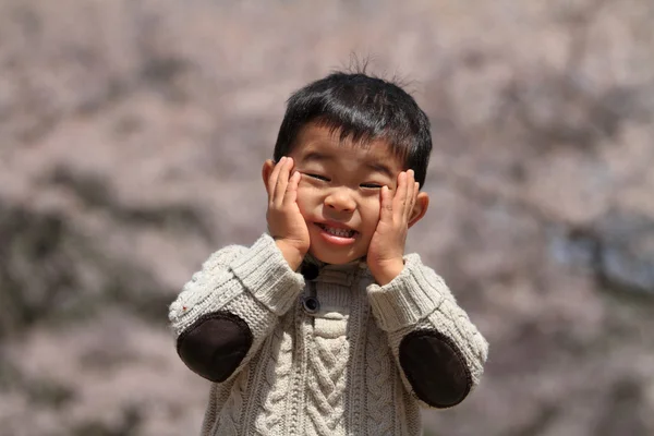 Japonês menino e cereja flores (3 anos de idade ) — Fotografia de Stock