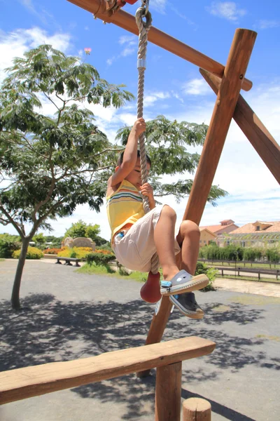 Japanischer Junge spielt mit Tarzan-Seil (4 Jahre)) — Stockfoto