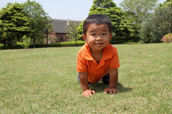 日本男児 (1 歳の草の上でクロール) — ストック写真